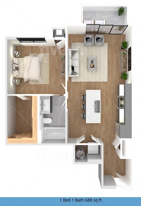 a 3d drawing of a bedroom with a bathroom and a living room